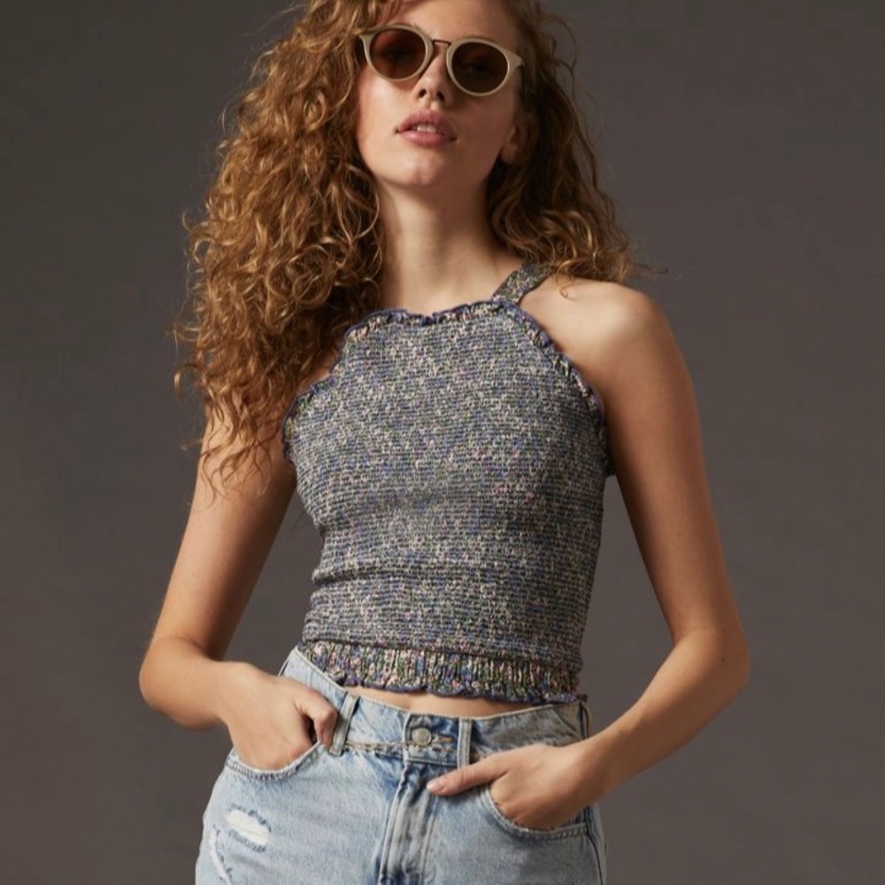 By Anthropologie Smocked Halter Top, Blue Motif, XXS